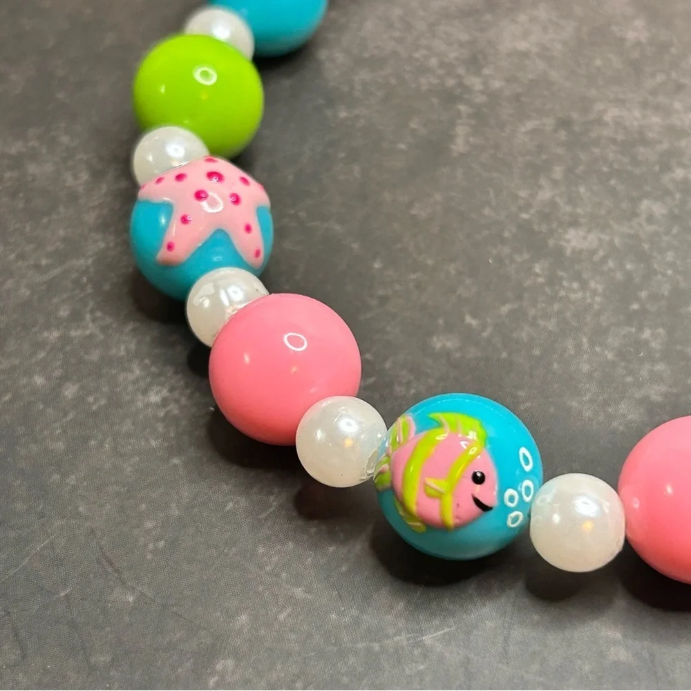 Colorful Kids Beaded Necklace Featuring Fish and Starfish Art Details